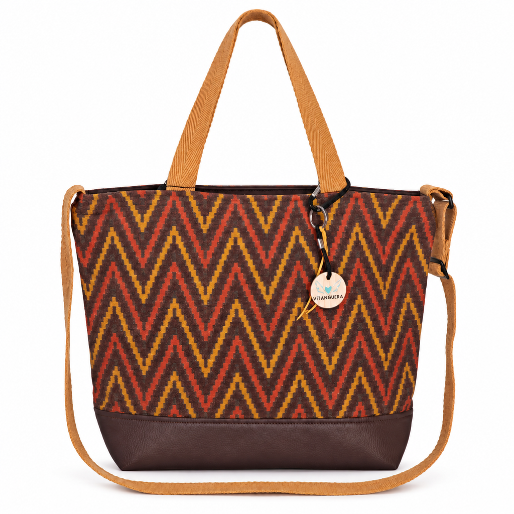 Bolso Alma «Gobelino zig zag ocre y polipiel lisa chocolate»