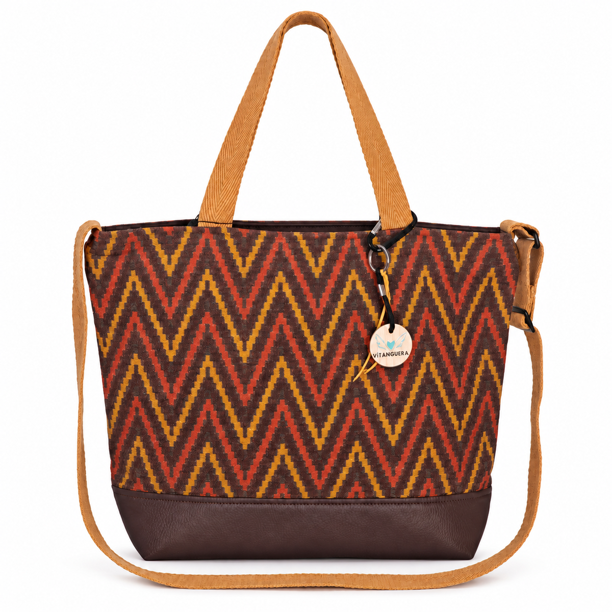 Bolso Alma «Gobelino zig zag ocre y polipiel lisa chocolate»