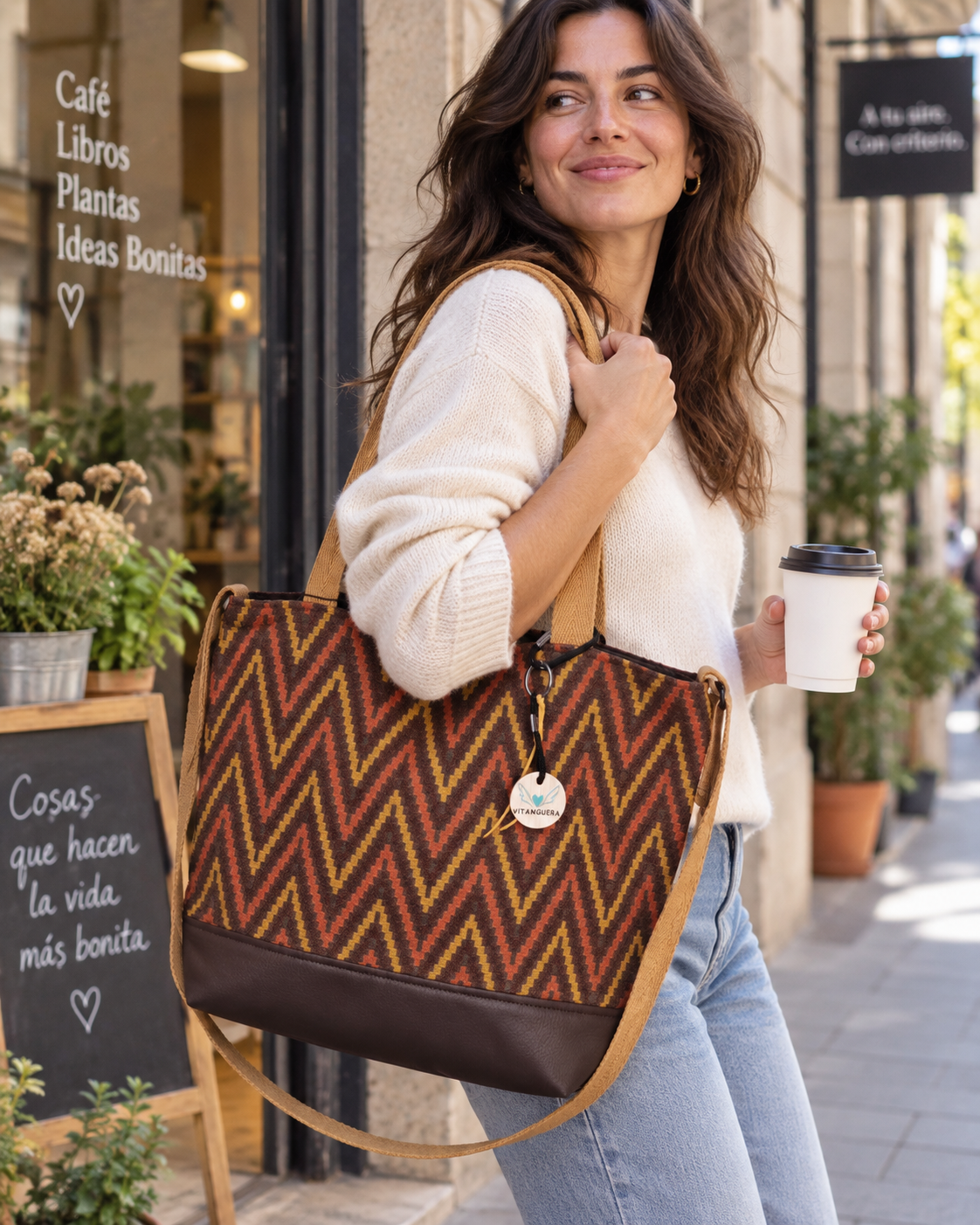 Bolso Alma «Gobelino zig zag ocre y polipiel lisa chocolate»