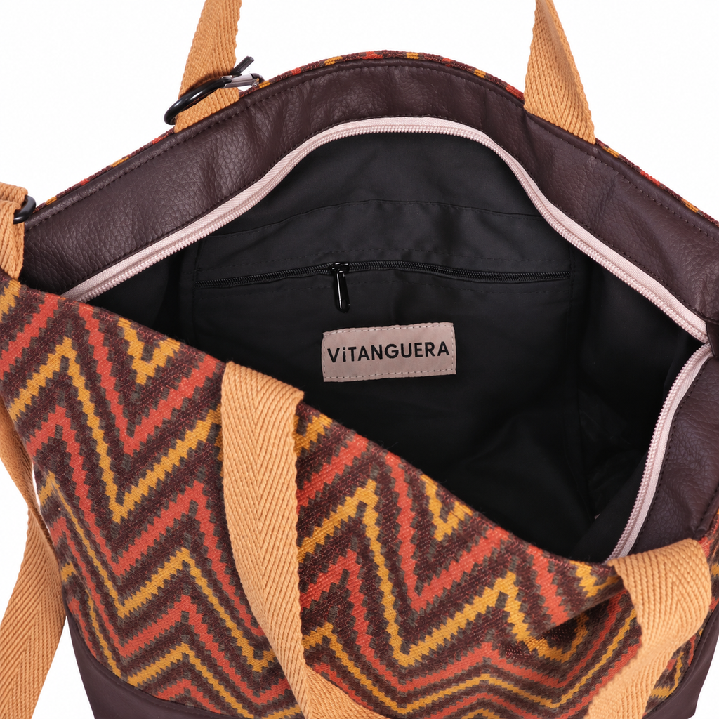 Bolso Alma «Gobelino zig zag ocre y polipiel lisa chocolate»