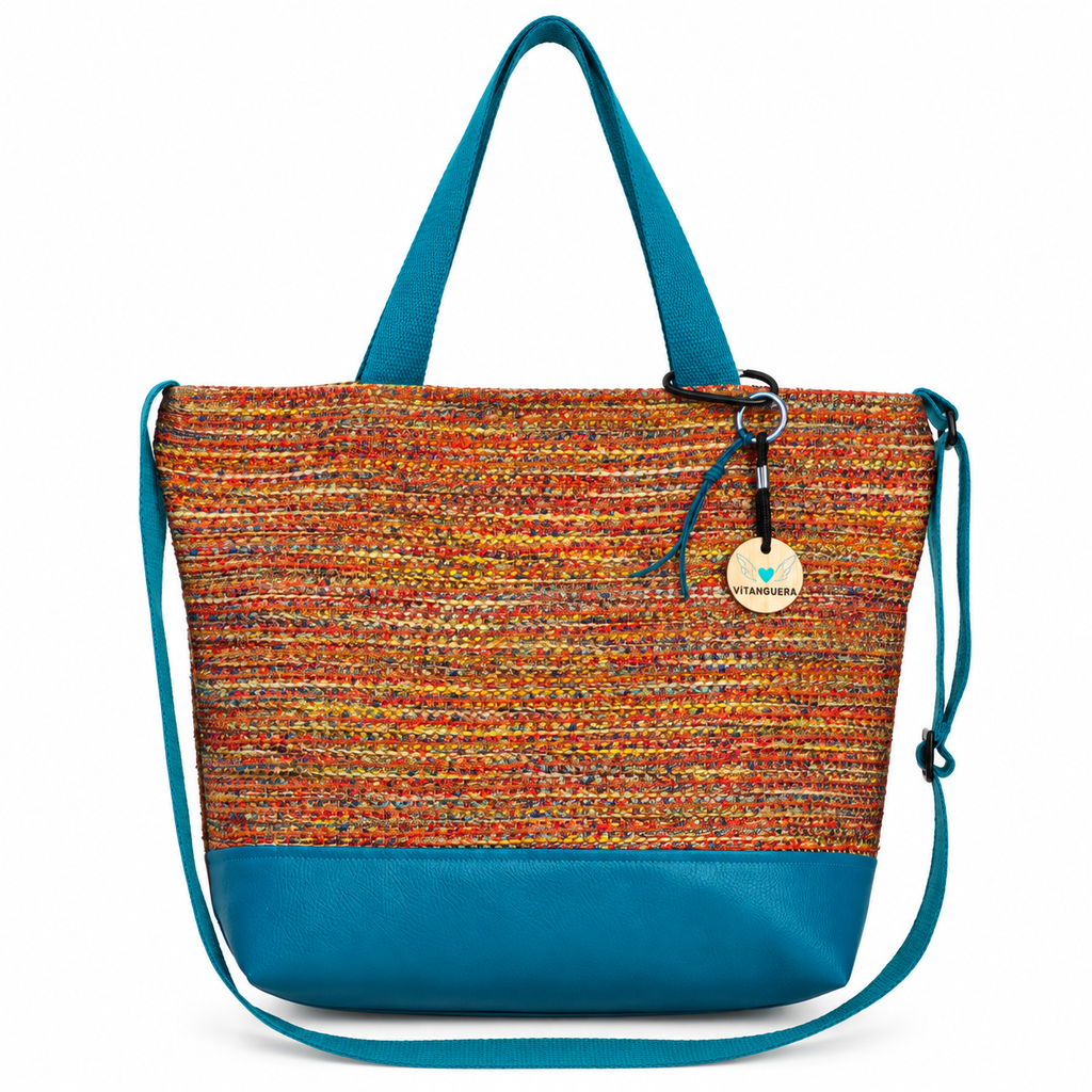 Bolso Alma «Rústico multicolor rojo y polipiel lisa océano»