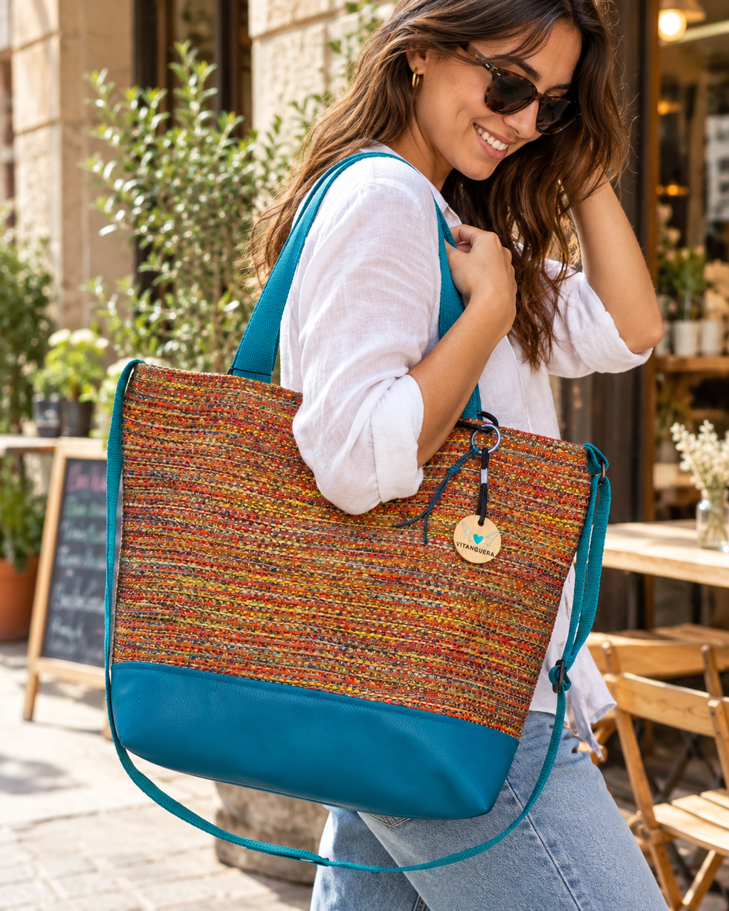 Bolso Alma «Rústico multicolor rojo y polipiel lisa océano»