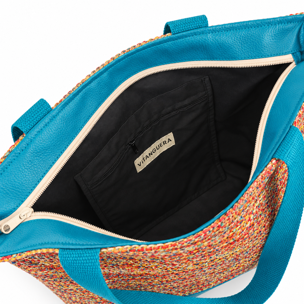 Bolso Alma «Rústico multicolor rojo y polipiel lisa océano»