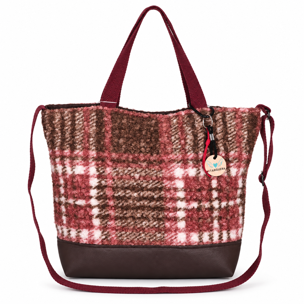 Bolso Alma «Borreguito cuadros rosa y polipiel lisa chocolate»