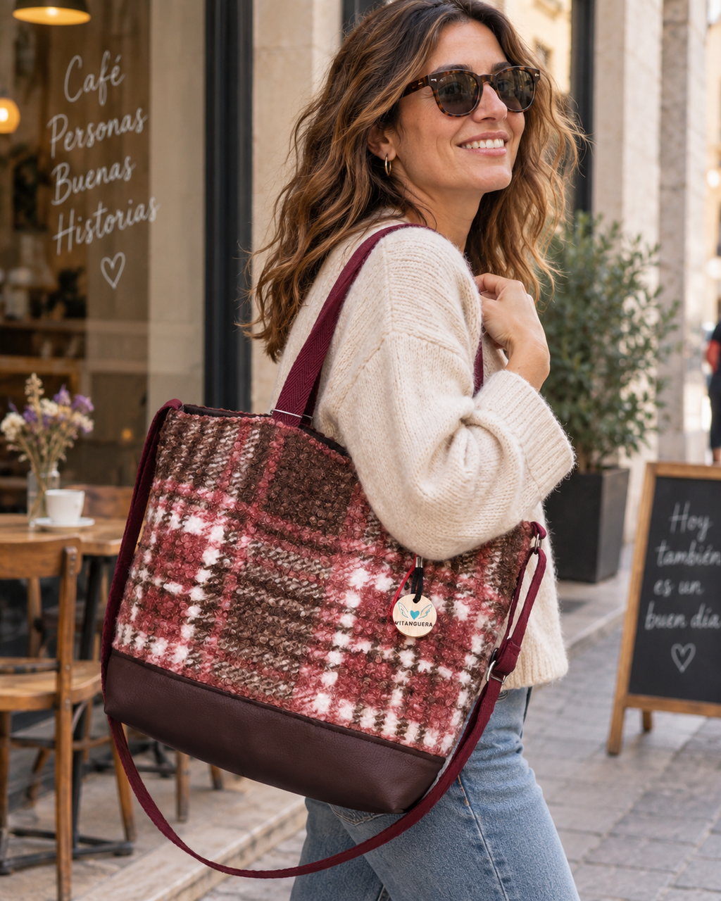 Bolso Alma «Borreguito cuadros rosa y polipiel lisa chocolate»