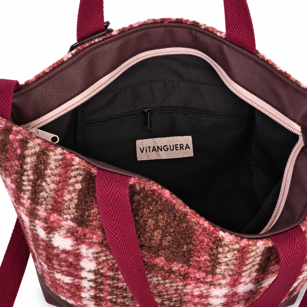 Bolso Alma «Borreguito cuadros rosa y polipiel lisa chocolate»