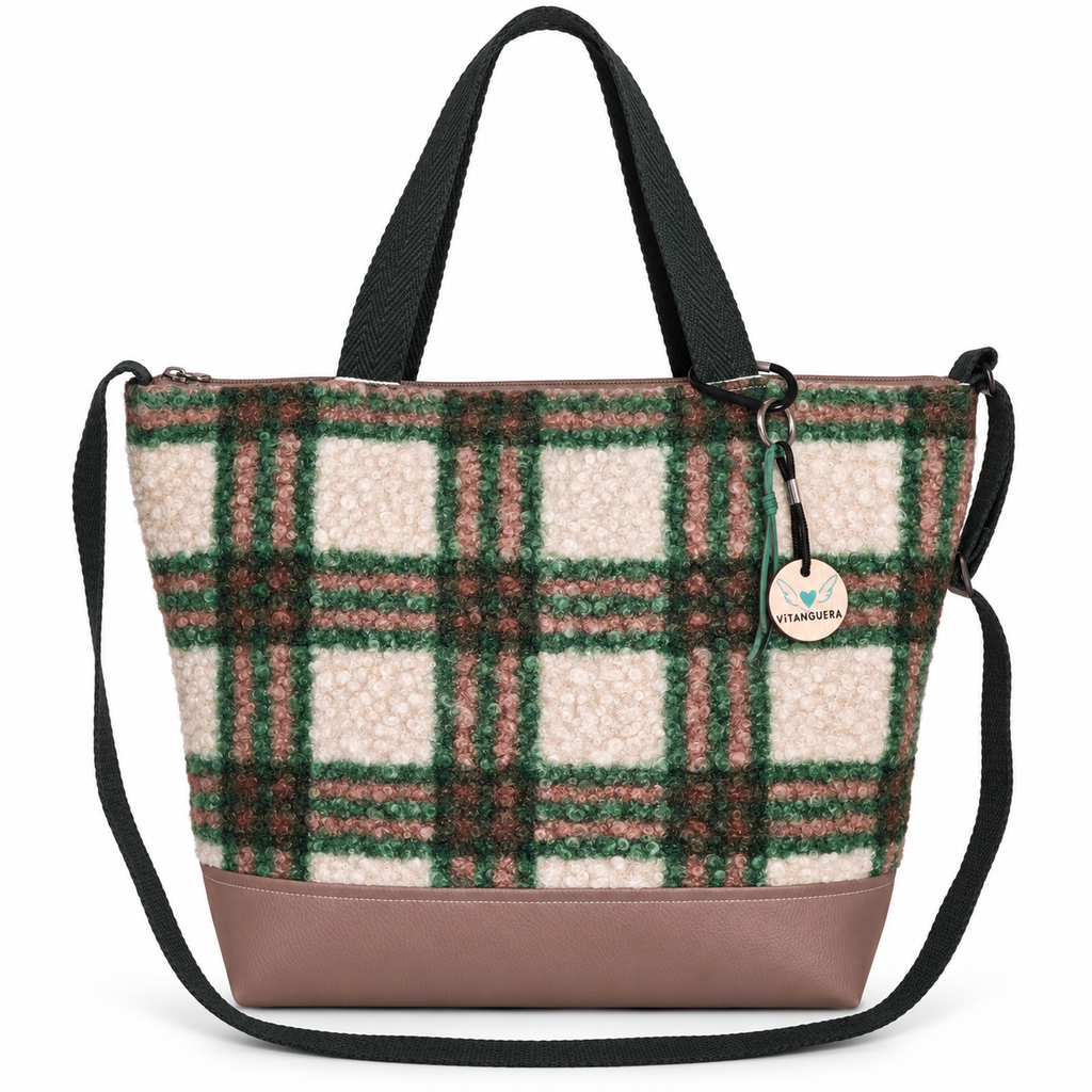 Bolso Alma «Borreguito cuadros verde y polipiel lisa visón»