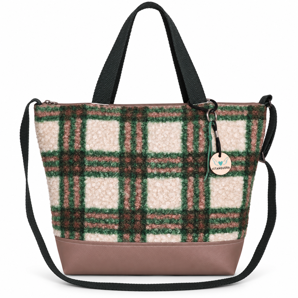 Bolso Alma «Borreguito cuadros verde y polipiel lisa visón»