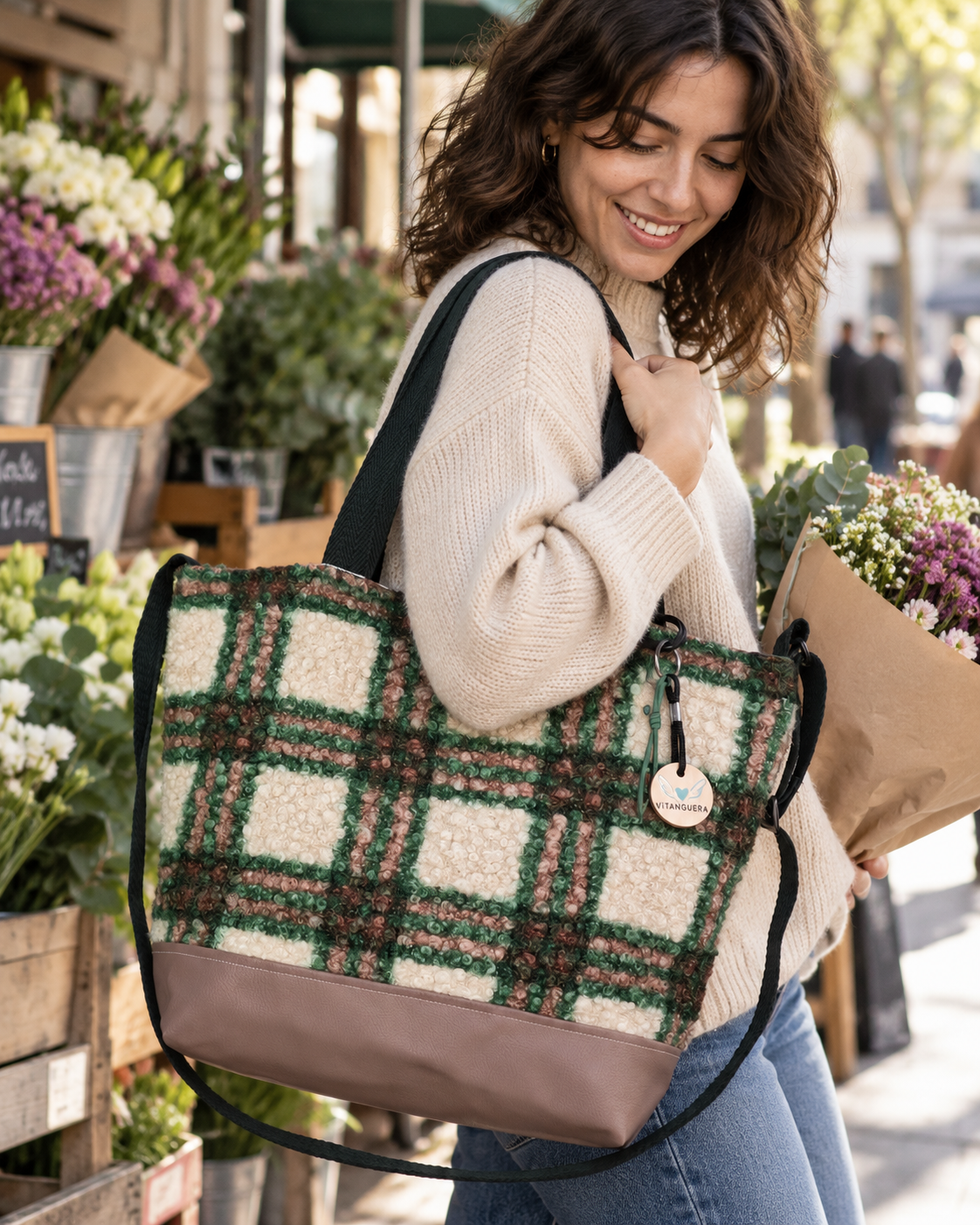 Bolso Alma «Borreguito cuadros verde y polipiel lisa visón»
