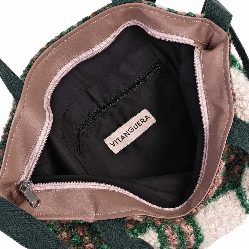 Bolso Alma «Borreguito cuadros verde y polipiel lisa visón»