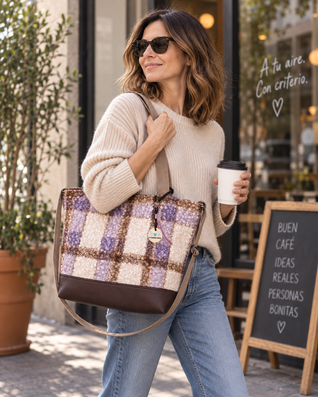 Bolso Alma «Borreguito cuadros lila y polipiel lisa chocolate»