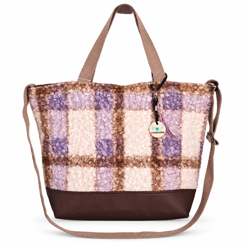Bolso Alma «Borreguito cuadros lila y polipiel lisa chocolate»