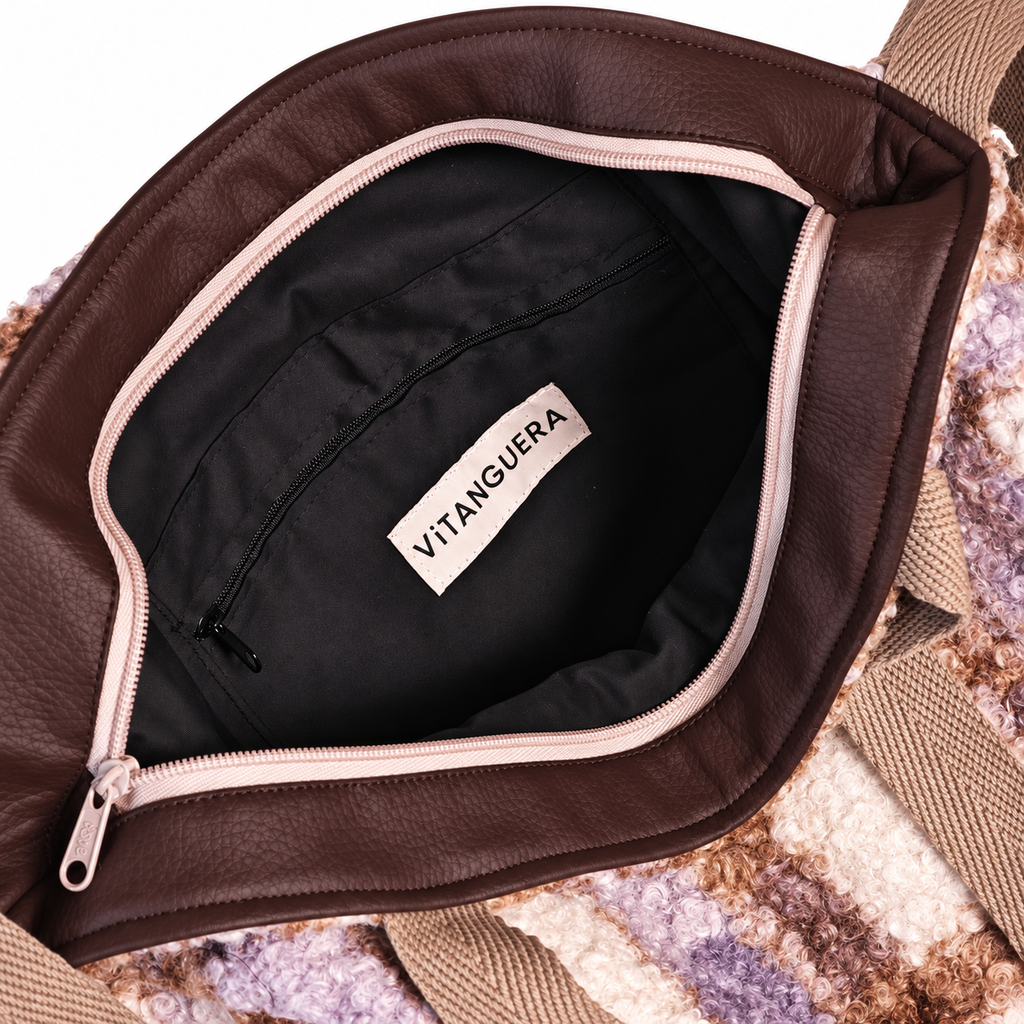 Bolso Alma «Borreguito cuadros lila y polipiel lisa chocolate»