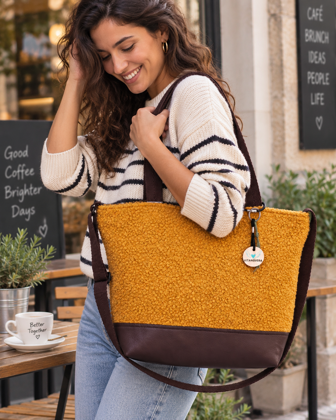 Bolso Alma «Borreguito ocre y polipiel lisa chocolate»