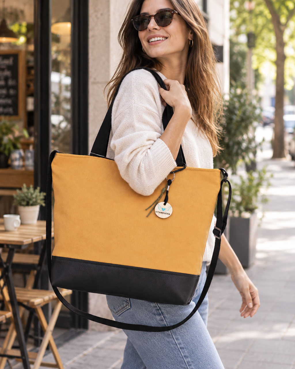 Bolso Alma «Paño liso ocre y polipiel lisa negro»