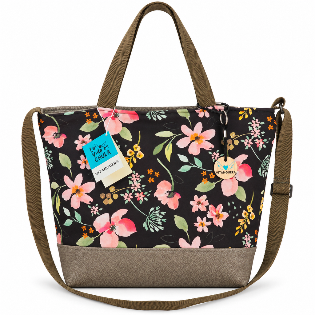 Bolso Alma «Neopreno flor negro y imipiel nobuck verde»