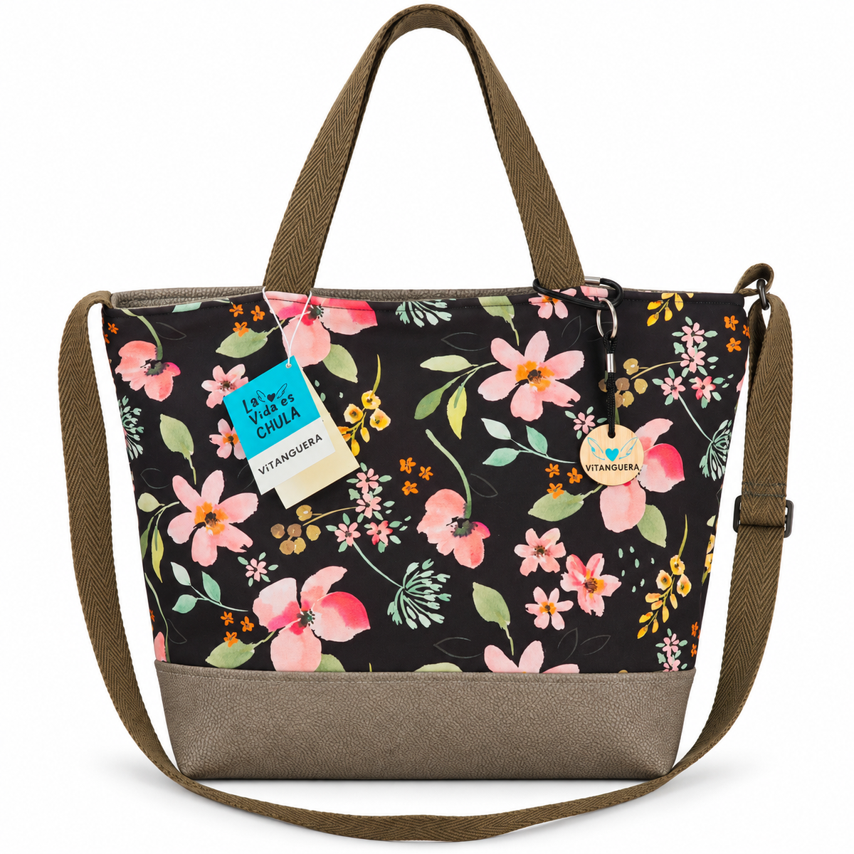 Bolso Alma «Neopreno flor negro y imipiel nobuck verde»