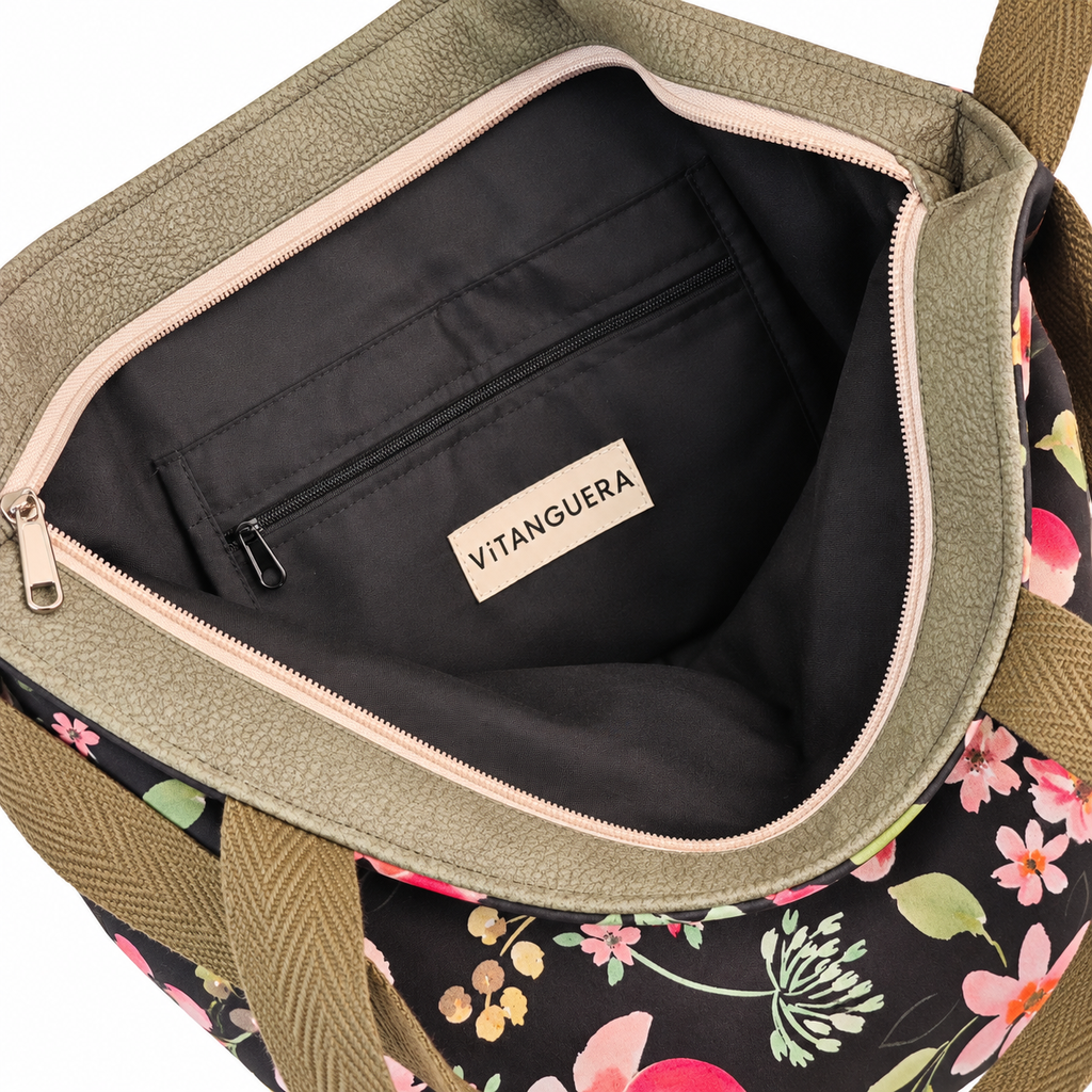 Bolso Alma «Neopreno flor negro y imipiel nobuck verde»