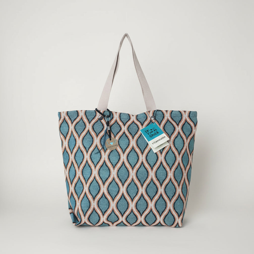 Bolso shopper grande Noa Jacquard turquesa y ocre