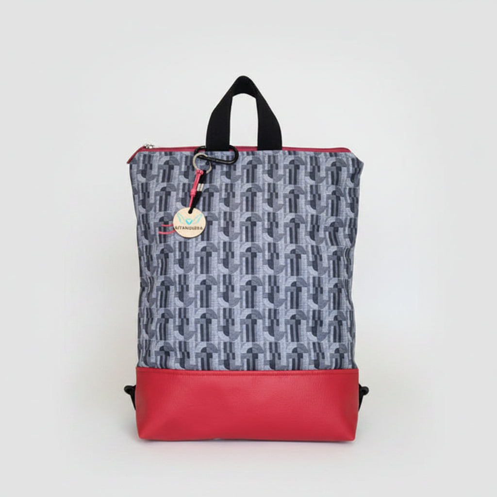 Mochila Vera Geométrico gris con bajo rojo