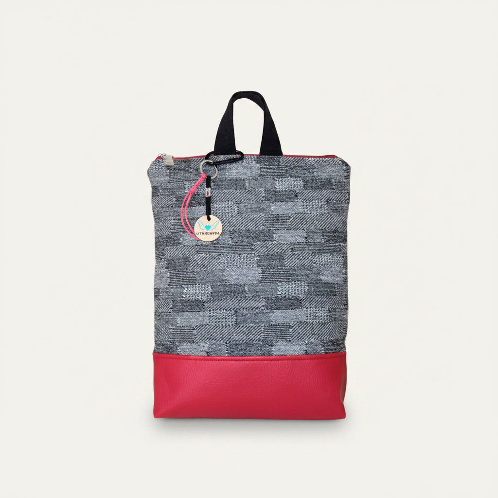 Mochila Vera Jacquard gris con bajo rojo