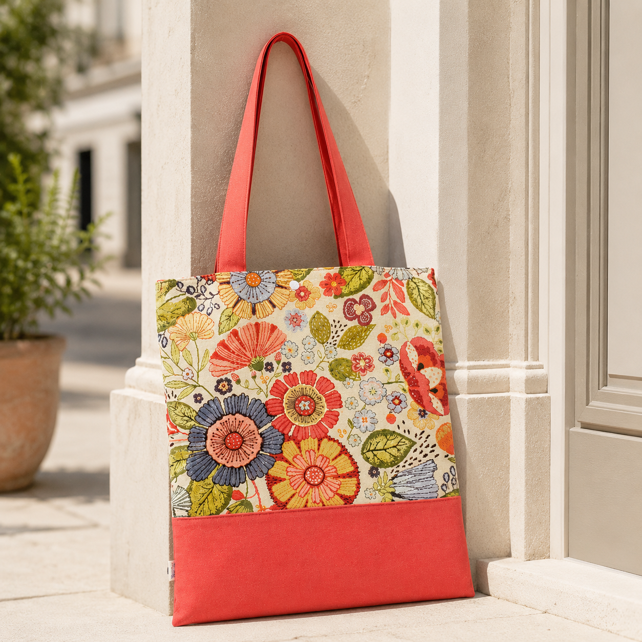 Bolsa Tote Básica TIERRA Flores Rojo Liso